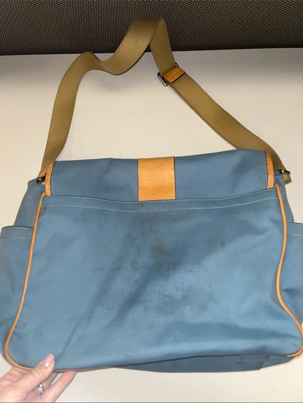 Coach Blue Canvas Messenger / Travel /Laptop with Tan Leather Trim
